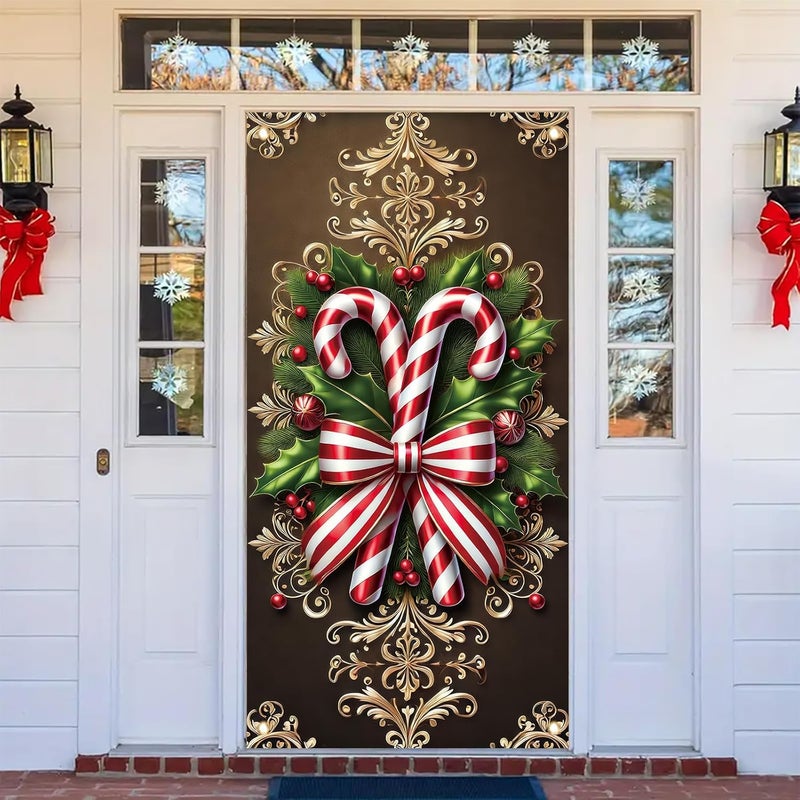 Saoplasa Christmas Door Cover Candy Cane Bow Banner 71 x 35 Inch Holiday Peppermint Stripe Wall Hanging with Holly Leaves Ornaments for Winter Wonderland Xmas Front Door Decor Photo Backdrop - Image 5